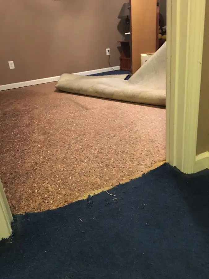 Carpet pad removal revealing water damage during Drying & Dehumidification in North Hanover