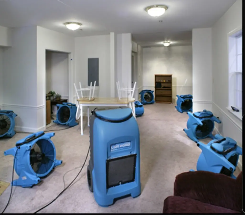 Air movers and dehumidifier setup for Water Damage Restoration in North Hanover